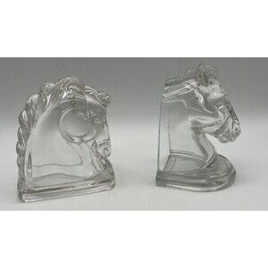 Vintage crystal GLASS HORSE HEAD BOOKENDS Mismatched set